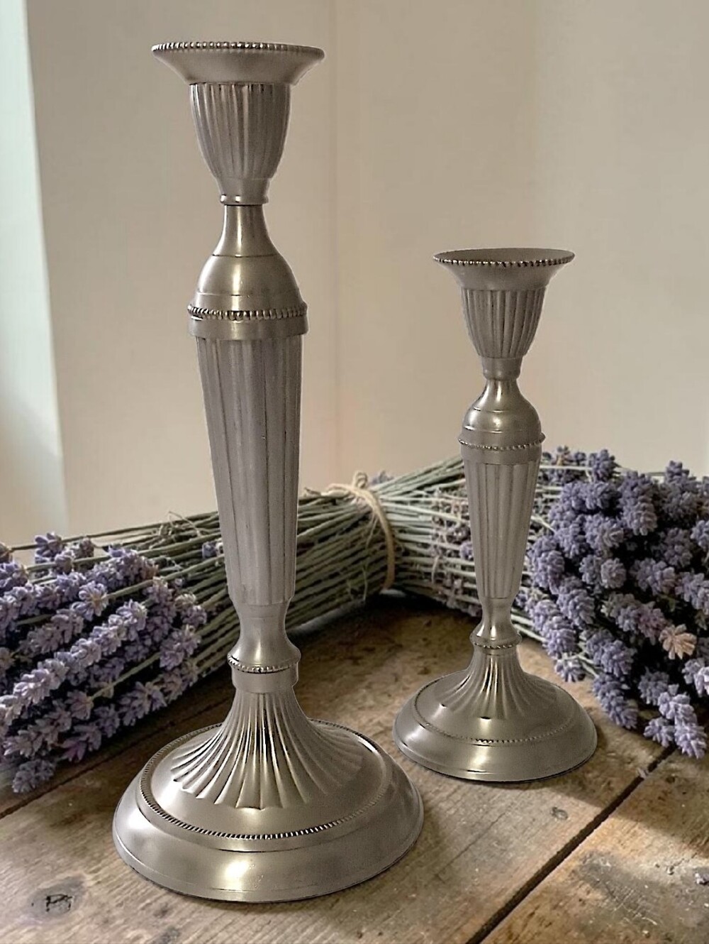 2 Silver Tone Metal Candlesticks Candle Holders Taper Ornate Farmhouse Cabin Vtg